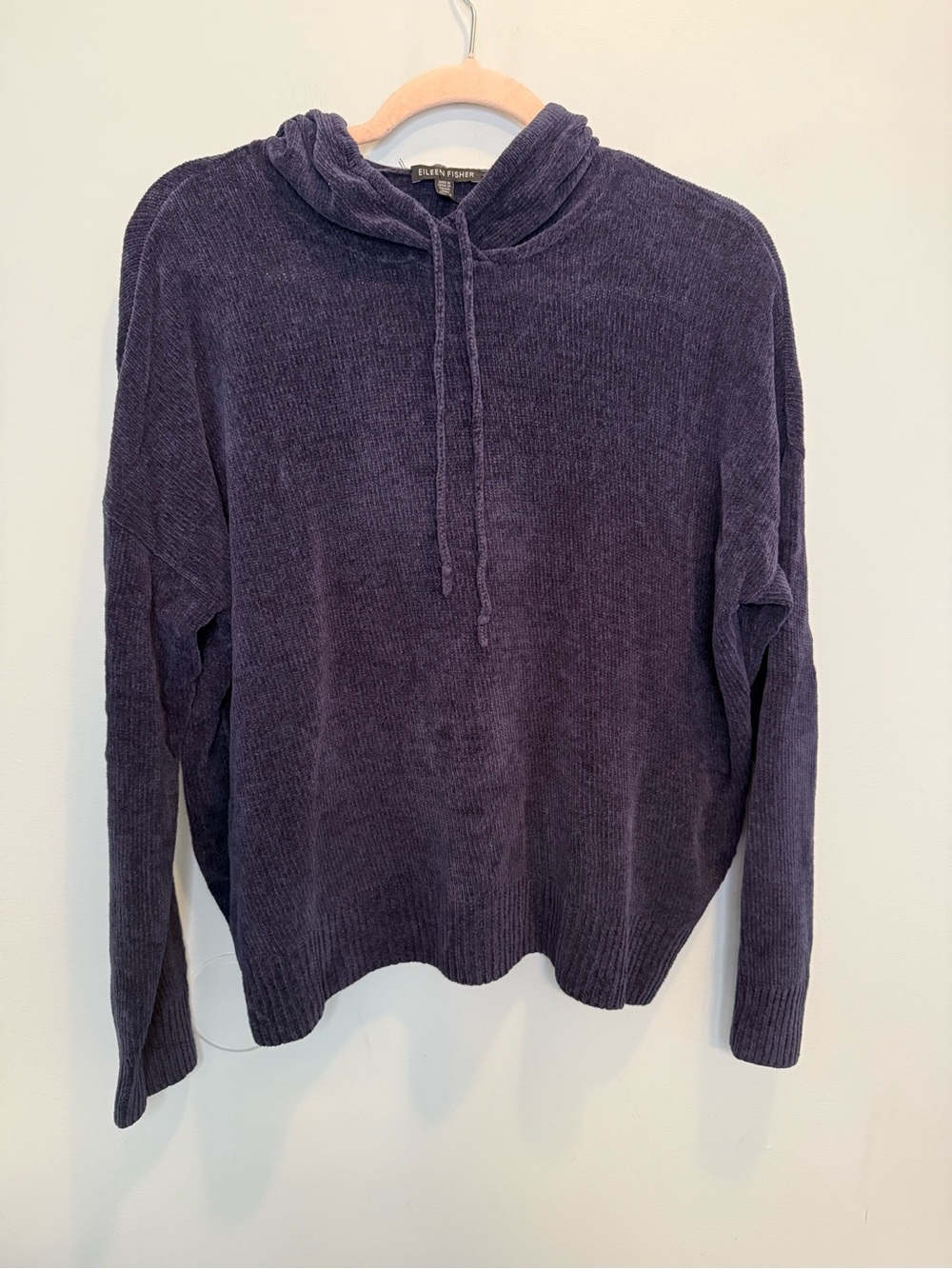 Eileen Fisher Organic Cotton Rib Knit Hooded Sweater Purple Plum Medium